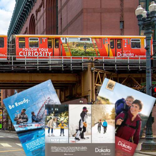 Marketing examples showing a train wrap and several print ads