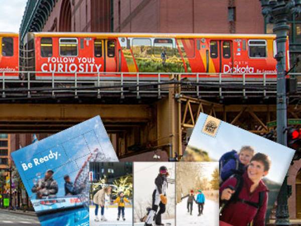 Marketing examples showing a train wrap and several print ads