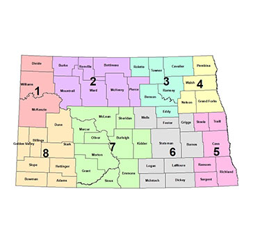 Regional Councils map, broken down by county in North Dakota