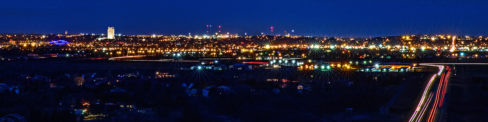 Aerial shot of Bismarck at night with the Capitol visible. 