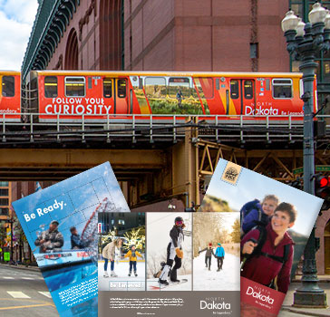 Marketing examples showing a train wrap and several print ads
